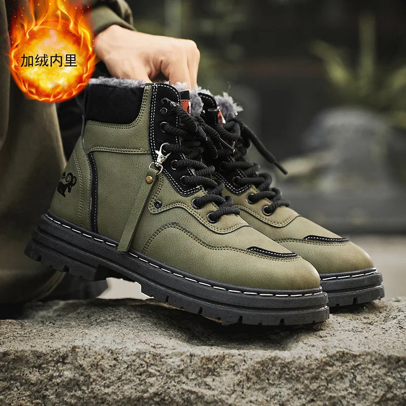 Winter Men's Boots Warm Plush Outdoor Cotton Shoes Black Size 48 Waterproof Lace Up Anti Slip Fashion Cold Resistant Men's Shoes