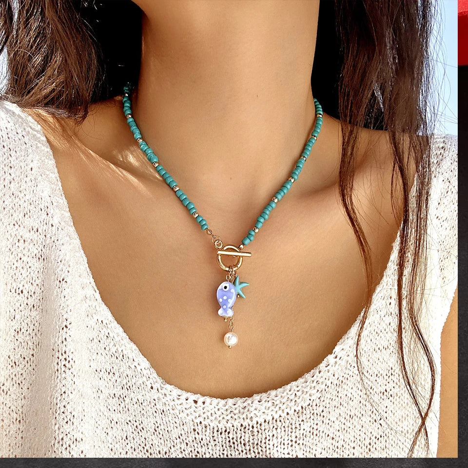 ZAKOL Bohemian Sea-Inspired Ceramic Fish & Starfish Pendant Necklace Dopamine Rainbow Color Beads Necklaces Beach Jewelry