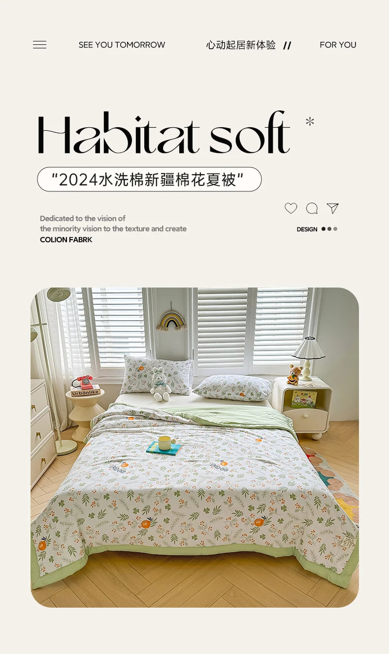 100% Cotton Summer Cool Quilt with Pure Cotton Filling Thin Air Conditioning Blanket Lightweight Breathable Quilts Printed Style