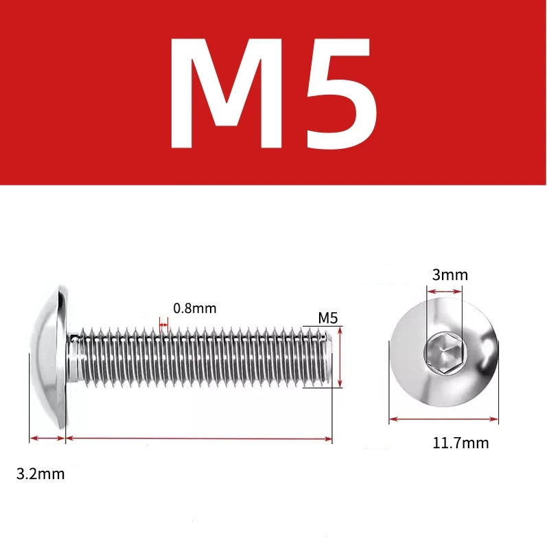 10pcs 304 Stainless steel Big Flat Round Head Inner Hexagon Screw Bolt M6 6mm M5 for Motorcycle Scooter ATV Moped Plastic Cover