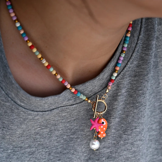 ZAKOL Bohemian Sea-Inspired Ceramic Fish & Starfish Pendant Necklace Dopamine Rainbow Color Beads Necklaces Beach Jewelry