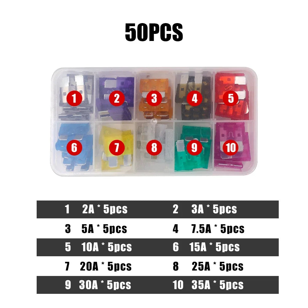 100/50pcs Medium Car Fuse Blade 2-35A Middle Size Fuse Insert Set with Box Fuse Blow Detection Tool Auto Circuit Repair Tools