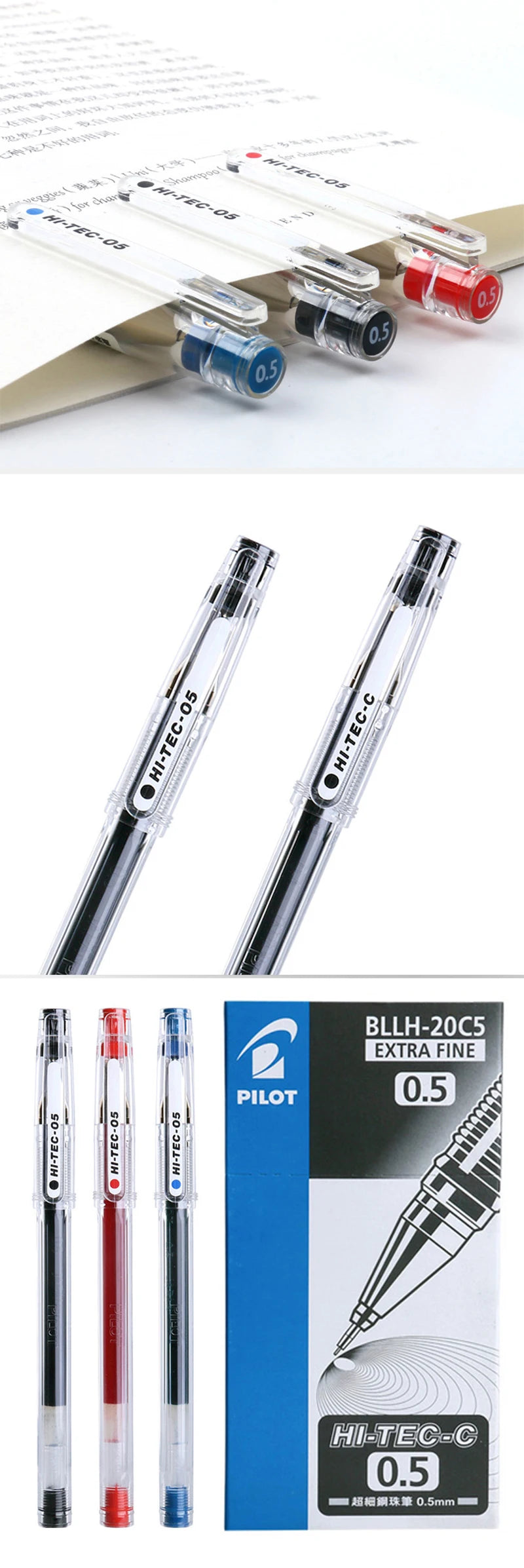 12pcs/Box Pilot HI-TEC Gel Pen Set 0.25/0.3/0.4/0.5mm Fine Point Ballpoint Pen Needle Neutral Gel Ink Black,Blue,Red BLLH-20C4