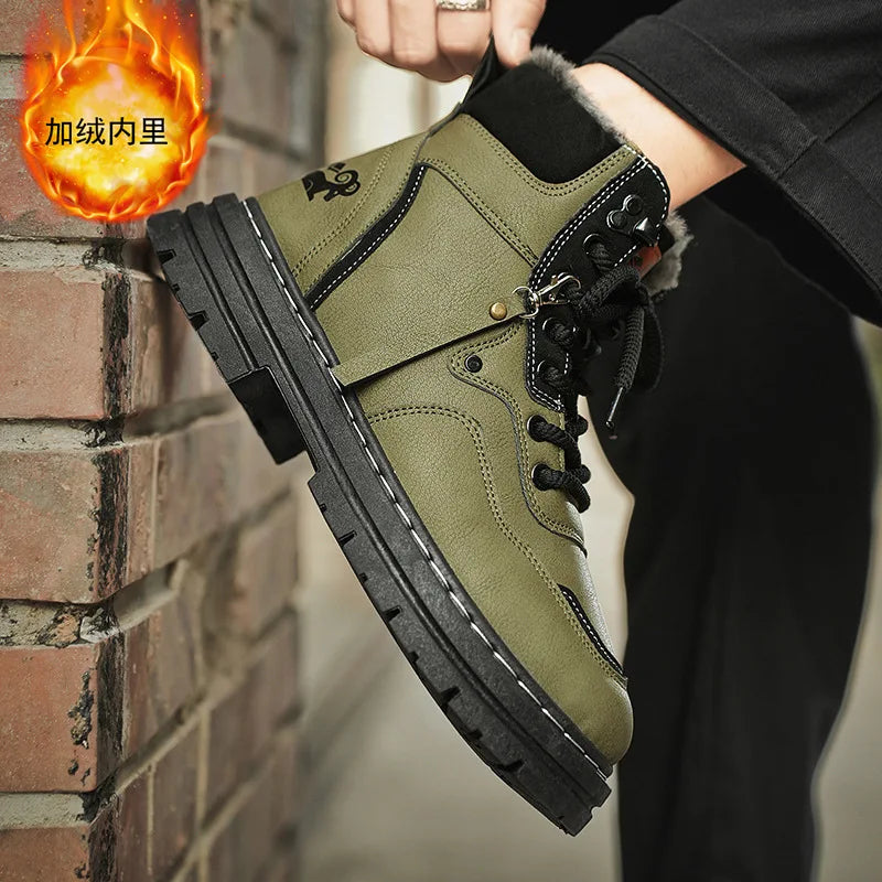 Winter Men's Boots Warm Plush Outdoor Cotton Shoes Black Size 48 Waterproof Lace Up Anti Slip Fashion Cold Resistant Men's Shoes