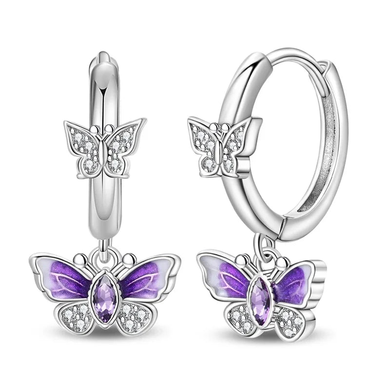 100% 925 Sterling Silver Colorful Butterfly Bee Ladybug Rainbow Flower Earrings For Women Fashion Birthday Party Jewelry Gifts