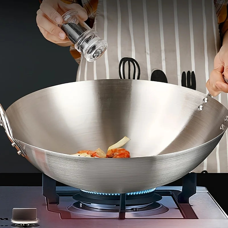 1pc Large Stainless Steel Wok, Uncoated Thick High-Quality Durable Chef'S Pan with Dual Handles, Easy to Clean for Commercial