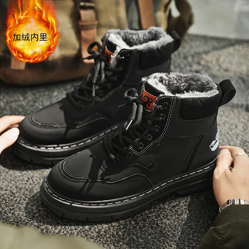 Winter Men's Boots Warm Plush Outdoor Cotton Shoes Black Size 48 Waterproof Lace Up Anti Slip Fashion Cold Resistant Men's Shoes