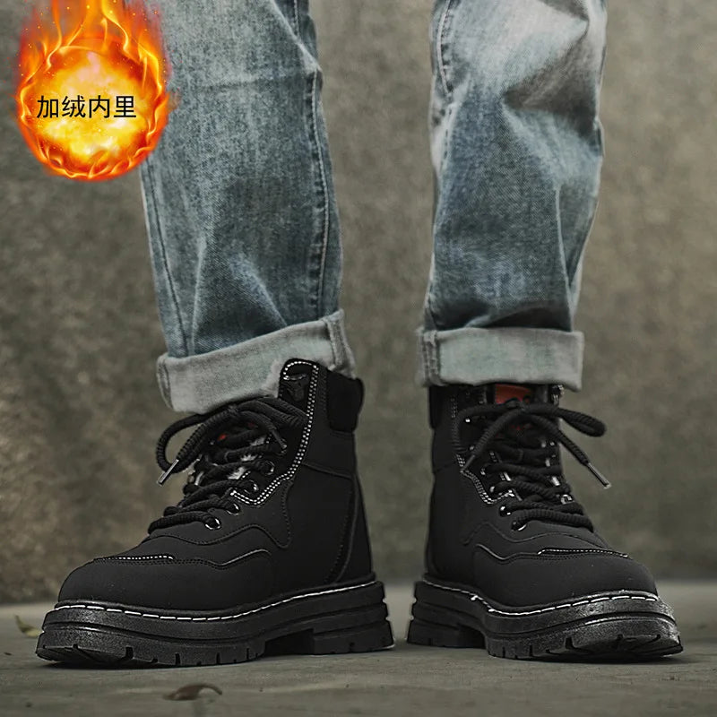 Winter Men's Boots Warm Plush Outdoor Cotton Shoes Black Size 48 Waterproof Lace Up Anti Slip Fashion Cold Resistant Men's Shoes
