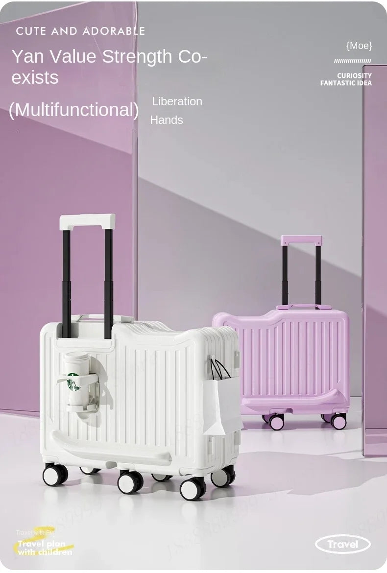 20 inch Children Small Suitcase Boy Ride on Luggage Trolley Case Girl Boarding Cabin Trip Travel Bag Password Security Lock Leat