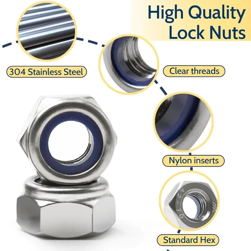 1-25pcs 304 Stainless Steel Hex Nylon Lock Nuts M2 M2.5 M3 M4 M5 M6 M8 M10 M12 M14 Hexagon Hex Self-locking Nylock Nut Locknuts.