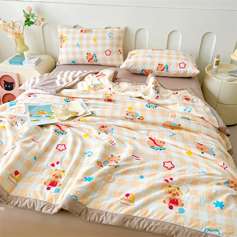 100% Cotton Summer Cool Quilt with Pure Cotton Filling Thin Air Conditioning Blanket Lightweight Breathable Quilts Printed Style