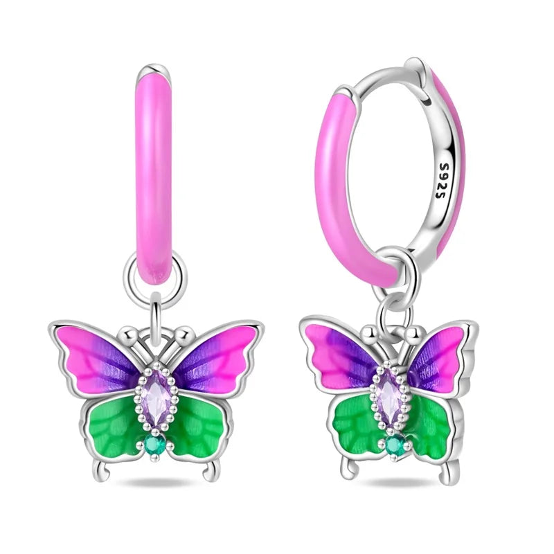 100% 925 Sterling Silver Colorful Butterfly Bee Ladybug Rainbow Flower Earrings For Women Fashion Birthday Party Jewelry Gifts