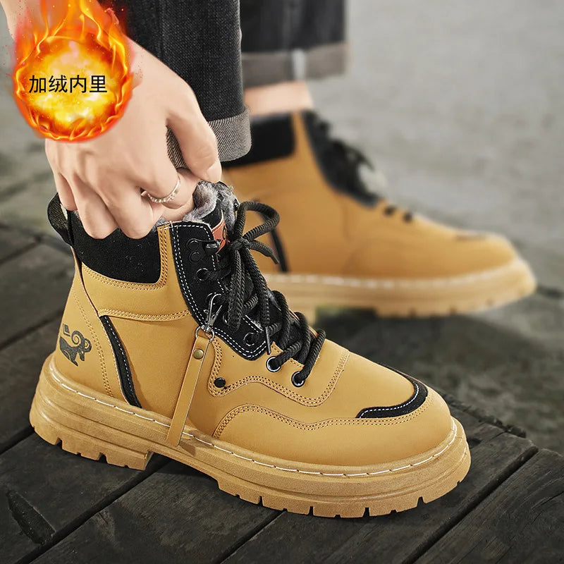 Winter Men's Boots Warm Plush Outdoor Cotton Shoes Black Size 48 Waterproof Lace Up Anti Slip Fashion Cold Resistant Men's Shoes