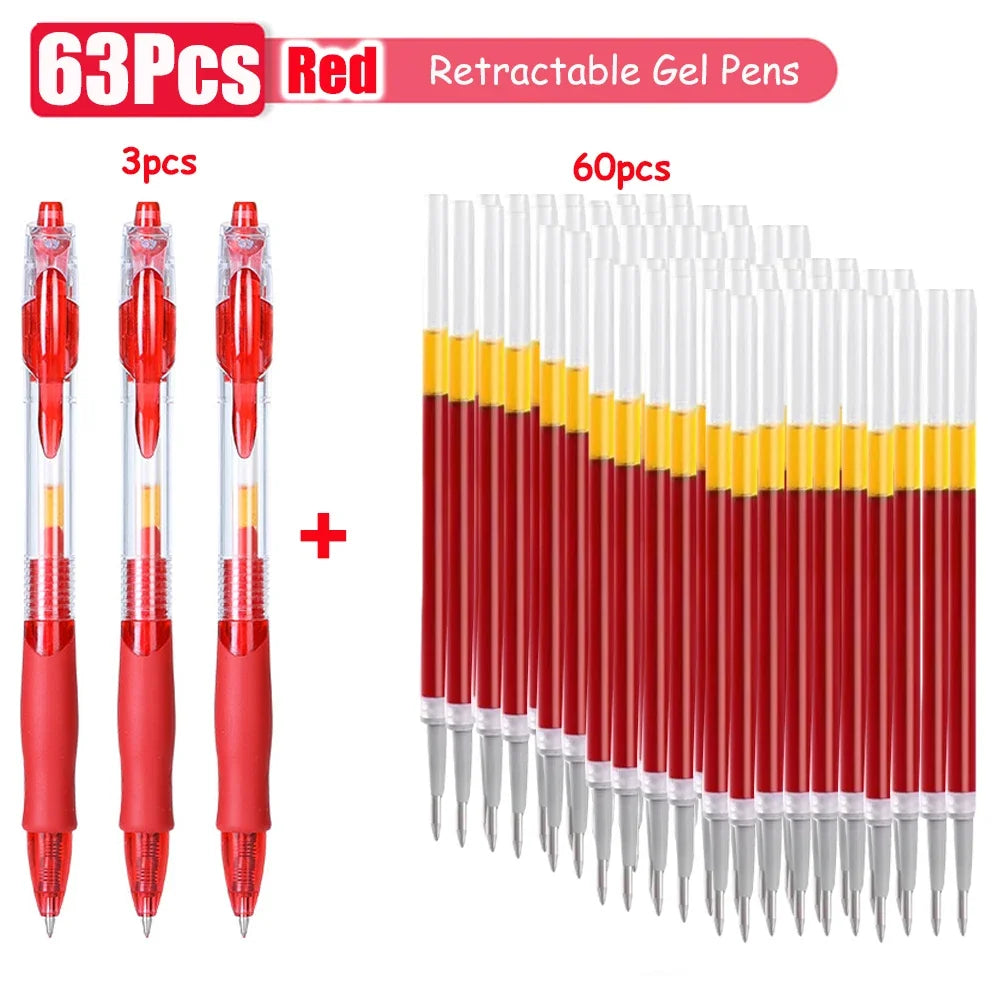 1-63Pc Retractable Gel Pens Set Black/red/blue Ink Ballpoint for Writing 0.5mm Refills Office Accessory School Supply Stationery
